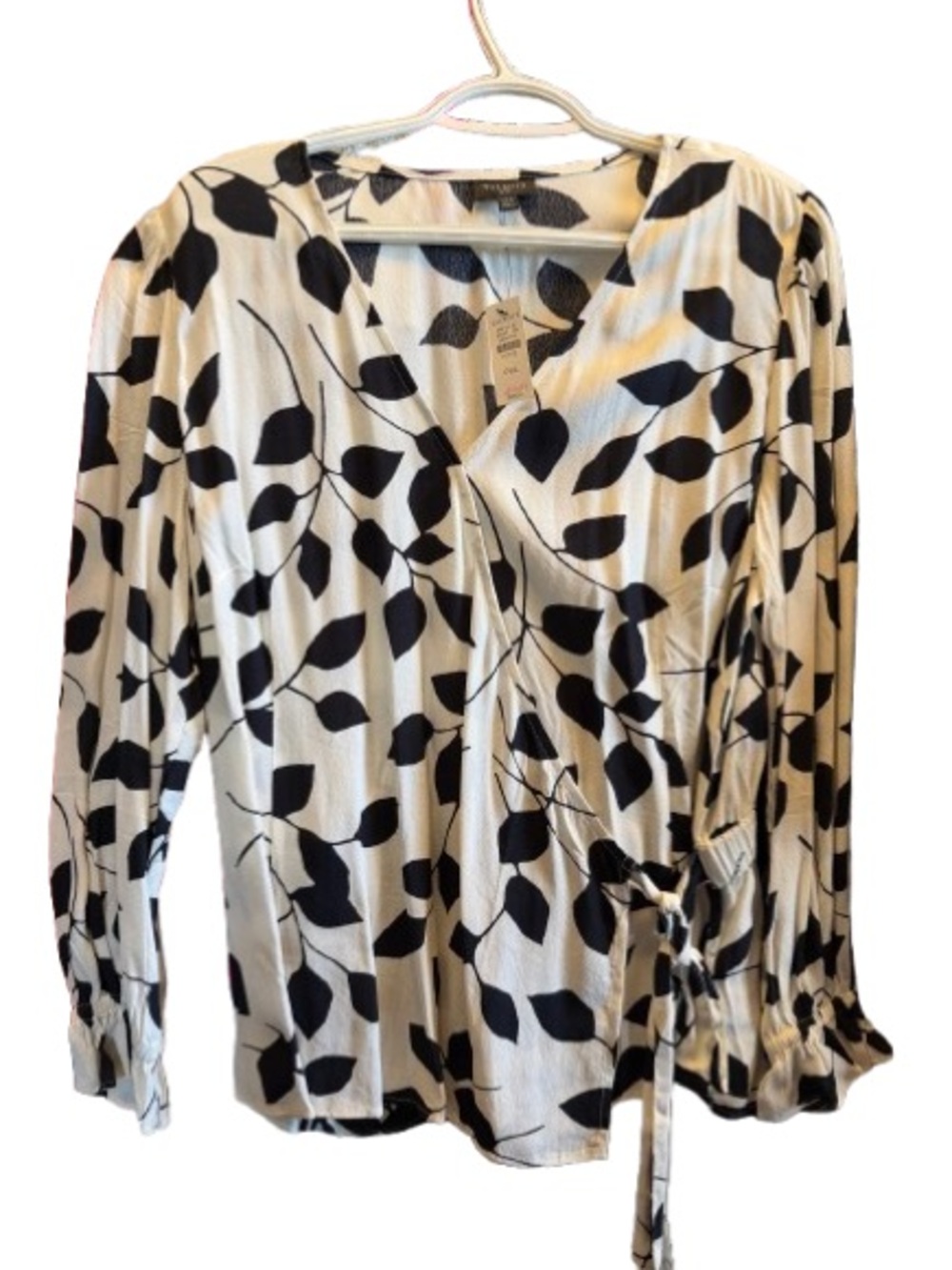 Talbots Black and White Leaf-Print Wrap Blouse